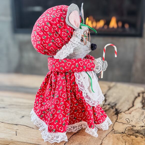 Primitive Folk Art Sock Bottle Christmas Granny Mouse w Bifocals/Candy Cane-12”H - Picture 5 of 9